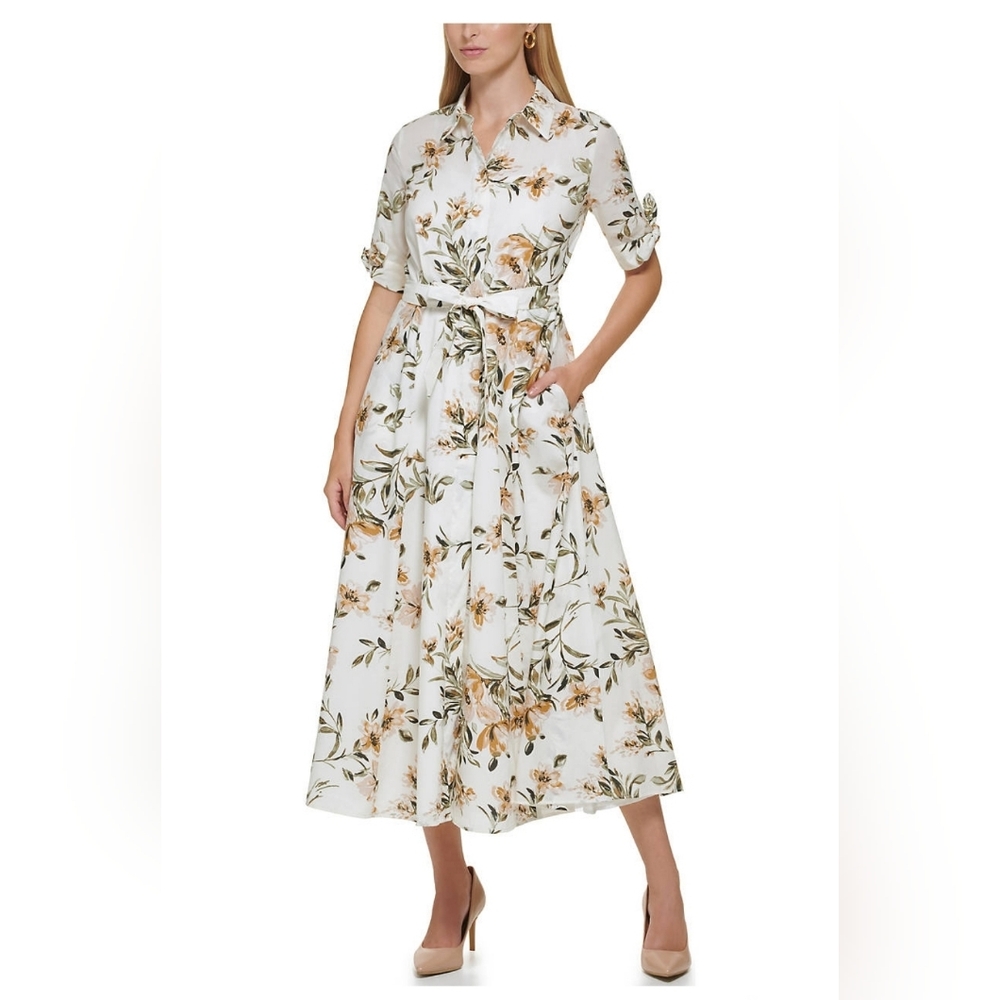 Calvin Klein Petite Dress Floral Print Midi/Maxi  Dress Size 6P With Pockets